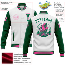 Laden Sie das Bild in den Galerie-Viewer, Custom White Kelly Green-Pink Bomber Full-Snap Varsity Letterman Two Tone Jacket
