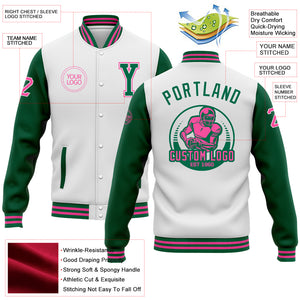 Custom White Kelly Green-Pink Bomber Full-Snap Varsity Letterman Two Tone Jacket