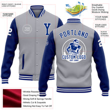 Laden Sie das Bild in den Galerie-Viewer, Custom Gray Royal-White Bomber Full-Snap Varsity Letterman Two Tone Jacket
