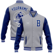 Laden Sie das Bild in den Galerie-Viewer, Custom Gray Royal-White Bomber Full-Snap Varsity Letterman Two Tone Jacket
