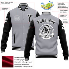 Laden Sie das Bild in den Galerie-Viewer, Custom Gray Black-White Bomber Full-Snap Varsity Letterman Two Tone Jacket
