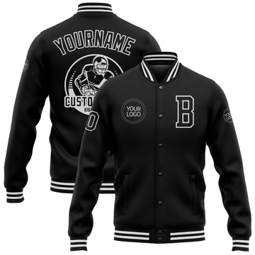 Custom Black White Bomber Full-Snap Varsity Letterman Jacket
