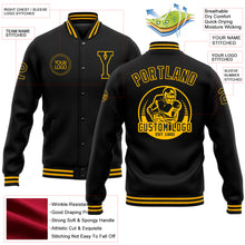 Laden Sie das Bild in den Galerie-Viewer, Custom Black Gold Bomber Full-Snap Varsity Letterman Jacket
