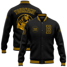 Laden Sie das Bild in den Galerie-Viewer, Custom Black Gold Bomber Full-Snap Varsity Letterman Jacket
