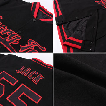 Custom Black Red Bomber Full-Snap Varsity Letterman Jacket