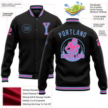 Laden Sie das Bild in den Galerie-Viewer, Custom Black Light Blue-Pink Bomber Full-Snap Varsity Letterman Jacket
