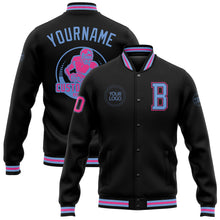 Laden Sie das Bild in den Galerie-Viewer, Custom Black Light Blue-Pink Bomber Full-Snap Varsity Letterman Jacket
