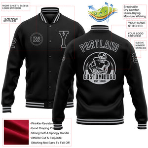 Custom Black Gray Bomber Full-Snap Varsity Letterman Jacket