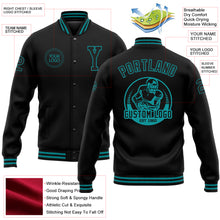 Laden Sie das Bild in den Galerie-Viewer, Custom Black Teal Bomber Full-Snap Varsity Letterman Jacket
