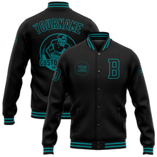 Laden Sie das Bild in den Galerie-Viewer, Custom Black Teal Bomber Full-Snap Varsity Letterman Jacket
