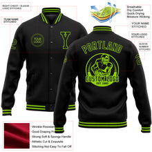 Laden Sie das Bild in den Galerie-Viewer, Custom Black Neon Green Bomber Full-Snap Varsity Letterman Jacket

