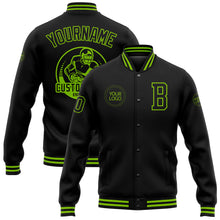 Laden Sie das Bild in den Galerie-Viewer, Custom Black Neon Green Bomber Full-Snap Varsity Letterman Jacket
