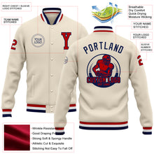 Laden Sie das Bild in den Galerie-Viewer, Custom Cream Red-Navy Bomber Full-Snap Varsity Letterman Jacket
