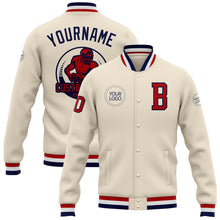 Laden Sie das Bild in den Galerie-Viewer, Custom Cream Red-Navy Bomber Full-Snap Varsity Letterman Jacket
