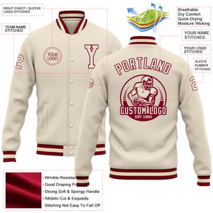Custom Cream Maroon Bomber Full-Snap Varsity Letterman Jacket