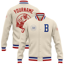 Laden Sie das Bild in den Galerie-Viewer, Custom Cream Royal-Red Bomber Full-Snap Varsity Letterman Jacket
