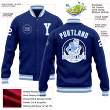 Load image into Gallery viewer, Custom Royal White-Light Blue Bomber Full-Snap Varsity Letterman Jacket
