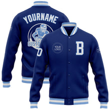 Laden Sie das Bild in den Galerie-Viewer, Custom Royal White-Light Blue Bomber Full-Snap Varsity Letterman Jacket
