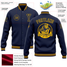Laden Sie das Bild in den Galerie-Viewer, Custom Navy Gold Bomber Full-Snap Varsity Letterman Jacket
