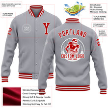 Laden Sie das Bild in den Galerie-Viewer, Custom Gray Red-White Bomber Full-Snap Varsity Letterman Jacket
