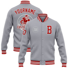 Laden Sie das Bild in den Galerie-Viewer, Custom Gray Red-White Bomber Full-Snap Varsity Letterman Jacket
