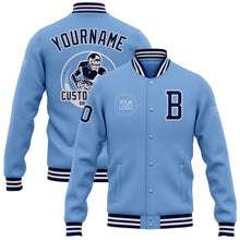 Laden Sie das Bild in den Galerie-Viewer, Custom Light Blue Navy-White Bomber Full-Snap Varsity Letterman Jacket
