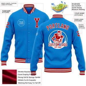 Custom Electric Blue Red-White Bomber Full-Snap Varsity Letterman Jacket