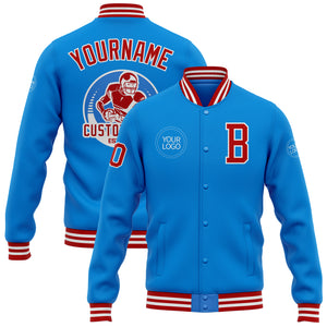 Custom Electric Blue Red-White Bomber Full-Snap Varsity Letterman Jacket