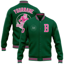 Laden Sie das Bild in den Galerie-Viewer, Custom Kelly Green Pink-White Bomber Full-Snap Varsity Letterman Jacket
