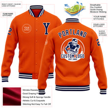 Laden Sie das Bild in den Galerie-Viewer, Custom Orange Navy-White Bomber Full-Snap Varsity Letterman Jacket
