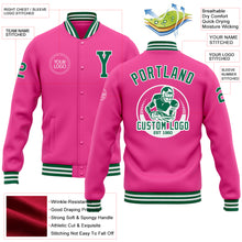 Laden Sie das Bild in den Galerie-Viewer, Custom Pink Kelly Green-White Bomber Full-Snap Varsity Letterman Jacket
