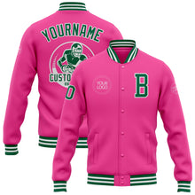 Load image into Gallery viewer, Custom Pink Kelly Green-White Bomber Full-Snap Varsity Letterman Jacket
