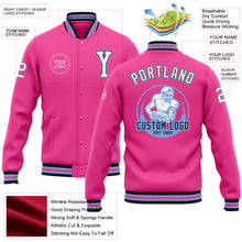 Laden Sie das Bild in den Galerie-Viewer, Custom Pink White Light Blue-Black Bomber Full-Snap Varsity Letterman Jacket
