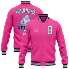 Laden Sie das Bild in den Galerie-Viewer, Custom Pink White Light Blue-Black Bomber Full-Snap Varsity Letterman Jacket
