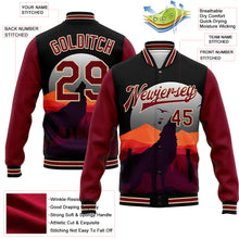 Laden Sie das Bild in den Galerie-Viewer, Custom Black Crimson-City Cream Wolf Howling 3D Pattern Design Bomber Full-Snap Varsity Letterman Jacket
