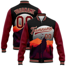 Laden Sie das Bild in den Galerie-Viewer, Custom Black Crimson-City Cream Wolf Howling 3D Pattern Design Bomber Full-Snap Varsity Letterman Jacket
