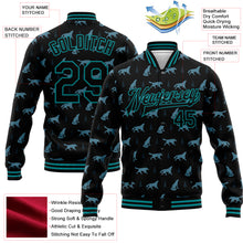 Laden Sie das Bild in den Galerie-Viewer, Custom Black Teal Wolf 3D Pattern Design Bomber Full-Snap Varsity Letterman Jacket
