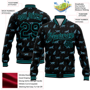 Custom Black Teal Wolf 3D Pattern Design Bomber Full-Snap Varsity Letterman Jacket