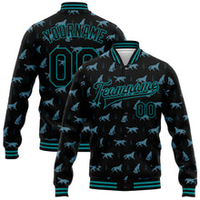 Laden Sie das Bild in den Galerie-Viewer, Custom Black Teal Wolf 3D Pattern Design Bomber Full-Snap Varsity Letterman Jacket
