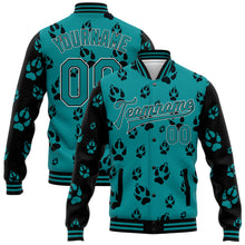 Laden Sie das Bild in den Galerie-Viewer, Custom Teal Black-White Wolf 3D Pattern Design Bomber Full-Snap Varsity Letterman Jacket
