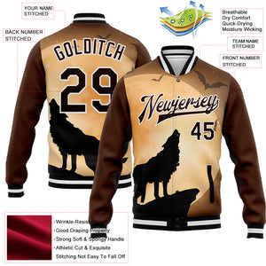 Custom Brown Black-White Wolf Fullmoon Party 3D Pattern Design Bomber Full-Snap Varsity Letterman Jacket