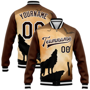 Custom Brown Black-White Wolf Fullmoon Party 3D Pattern Design Bomber Full-Snap Varsity Letterman Jacket