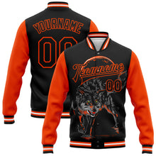 Laden Sie das Bild in den Galerie-Viewer, Custom Black Orange Wolf 3D Pattern Design Bomber Full-Snap Varsity Letterman Jacket
