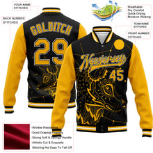 Laden Sie das Bild in den Galerie-Viewer, Custom Black Gold-White Wolf 3D Pattern Design Bomber Full-Snap Varsity Letterman Jacket
