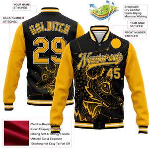 Custom Black Gold-White Wolf 3D Pattern Design Bomber Full-Snap Varsity Letterman Jacket