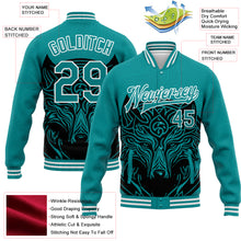 Laden Sie das Bild in den Galerie-Viewer, Custom Teal White Wolf Head 3D Pattern Design Bomber Full-Snap Varsity Letterman Jacket
