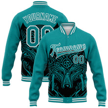 Laden Sie das Bild in den Galerie-Viewer, Custom Teal White Wolf Head 3D Pattern Design Bomber Full-Snap Varsity Letterman Jacket
