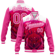 Laden Sie das Bild in den Galerie-Viewer, Custom Pink White Wolf With Dreamcatcher 3D Pattern Design Bomber Full-Snap Varsity Letterman Jacket
