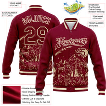 Laden Sie das Bild in den Galerie-Viewer, Custom Maroon Cream Wolf Fullmoon Party 3D Pattern Design Bomber Full-Snap Varsity Letterman Jacket
