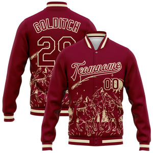 Custom Maroon Cream Wolf Fullmoon Party 3D Pattern Design Bomber Full-Snap Varsity Letterman Jacket